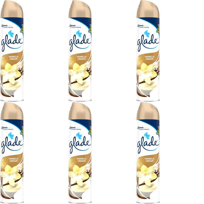Glade Vanilla Air Freshener Spray 300ml aerosol can on a clean shelf
