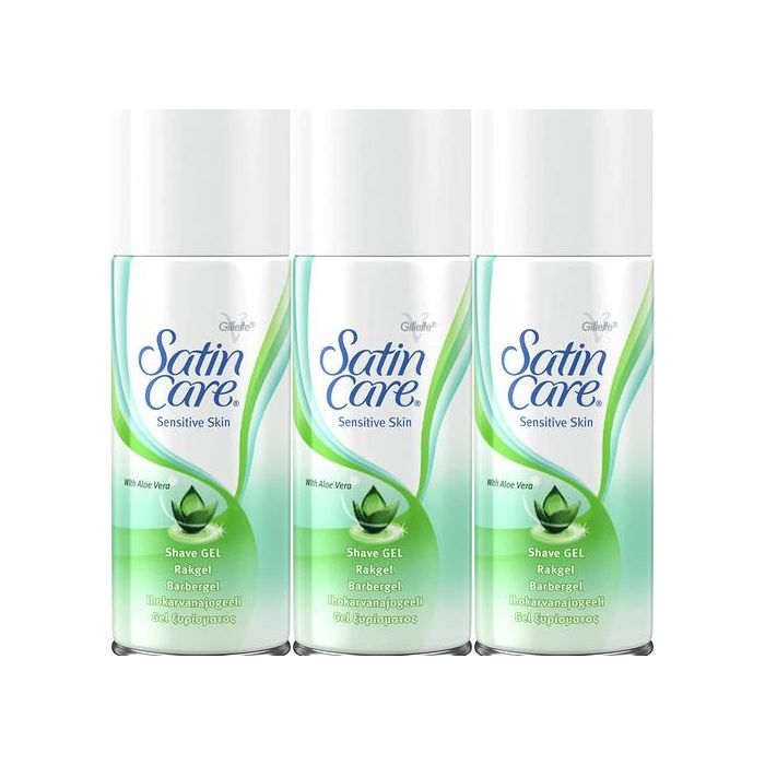 Gillette Satin Care Sensitive Skin Women's Shaving Gel 75ml can on a bathroom shelf
