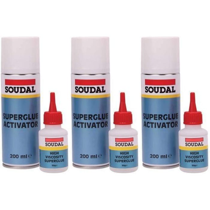 Soudal High Viscosity Superglue 50g and Activator Bonding Mitre Kit 200ml on a workbench
