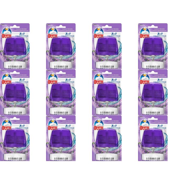 Toilet Duck Purple Wave Rimblock Holder 55ml clipped onto a toilet rim
