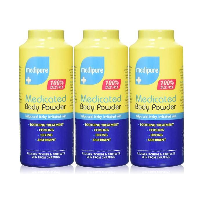 Medipure Medicated Body Powder 200g for itchy and irritated skin on white background
