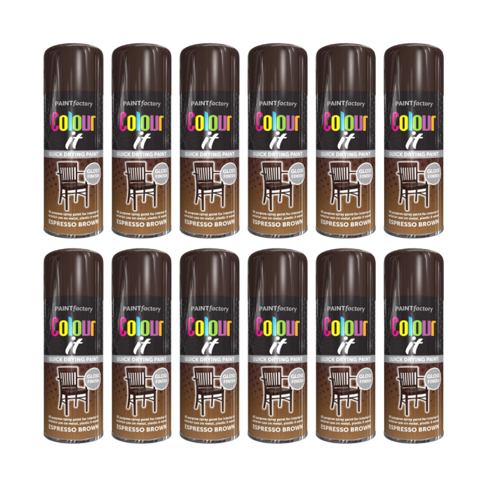 Paint Factory Colour It Quick Drying Paint Gloss Finish Espresso Brown 400ML - Pack of 12