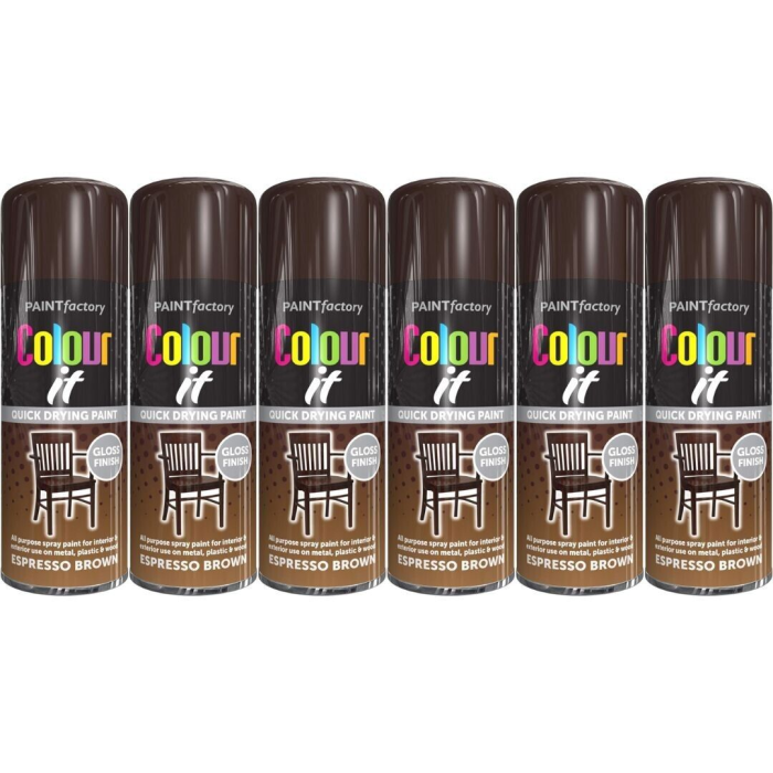 Paint Factory Colour It Quick Drying Paint Gloss Finish Espresso Brown 400ML - Pack of 6