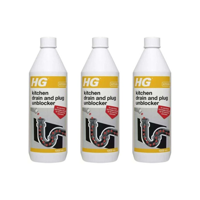 HG Kitchen Drain and Plug Unblocker 1 Litre bottle on a kitchen counter
