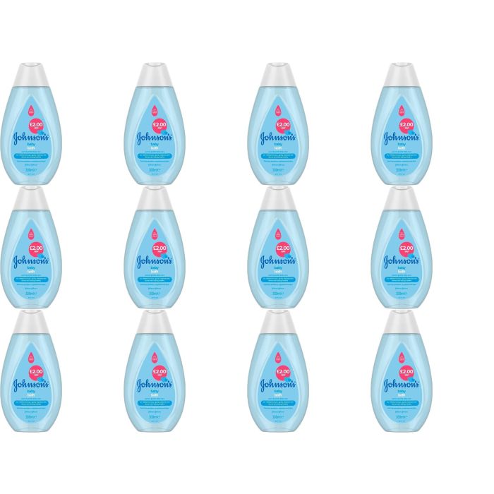Johnson's Baby Bath 300ml bottle on a clean bathroom shelf beside a baby bath
