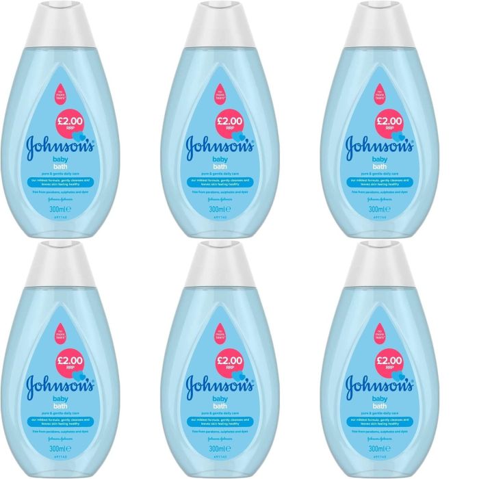 Johnson's Baby Bath 300ml bottle on a clean bathroom shelf beside a baby bath
