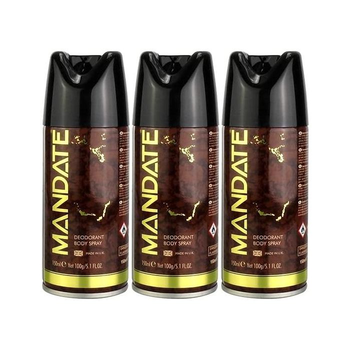 Mandate Men's Body Spray Deodorant 150ml can on a clean bathroom shelf
