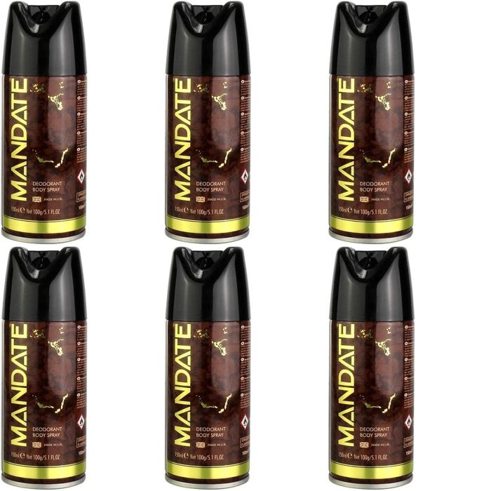 Mandate Men's Body Spray Deodorant 150ml can on a clean bathroom shelf
