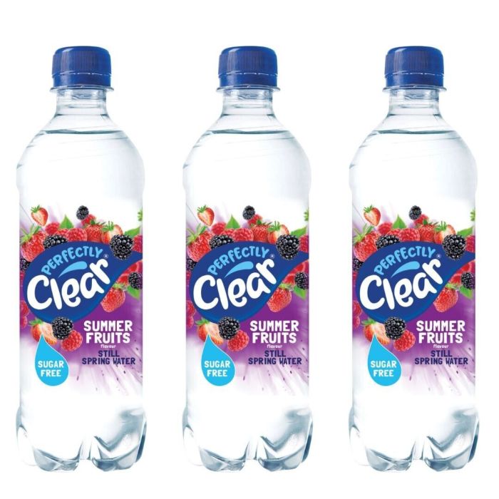 Perfectly Clear Summer Fruit Flavour Still Spring Water 500ml bottle on a clean surface
