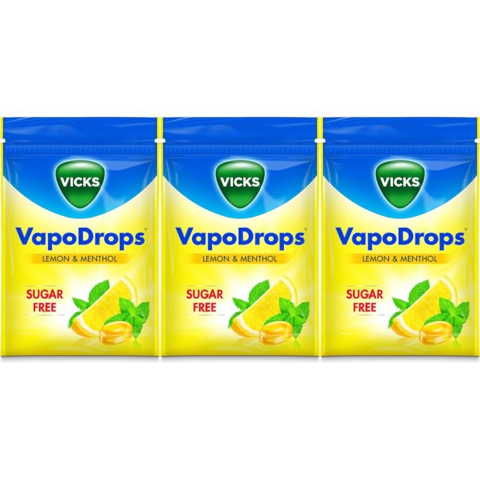Vicks VapoDrops Sugar Free Lozenges Lemon & Menthol For Cold And Flu 72g - Pack of 3