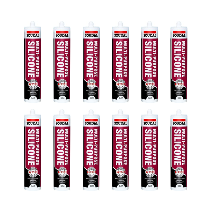 Soudal Multi Purpose Clear Silicone Sealant 270ml cartridge on a workbench
