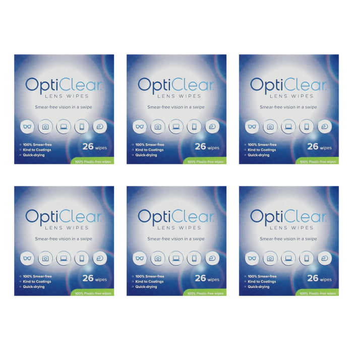 OptiClear Lens Wipes Smear-Free Quick-Drying 26 Wipes - Pack of 6