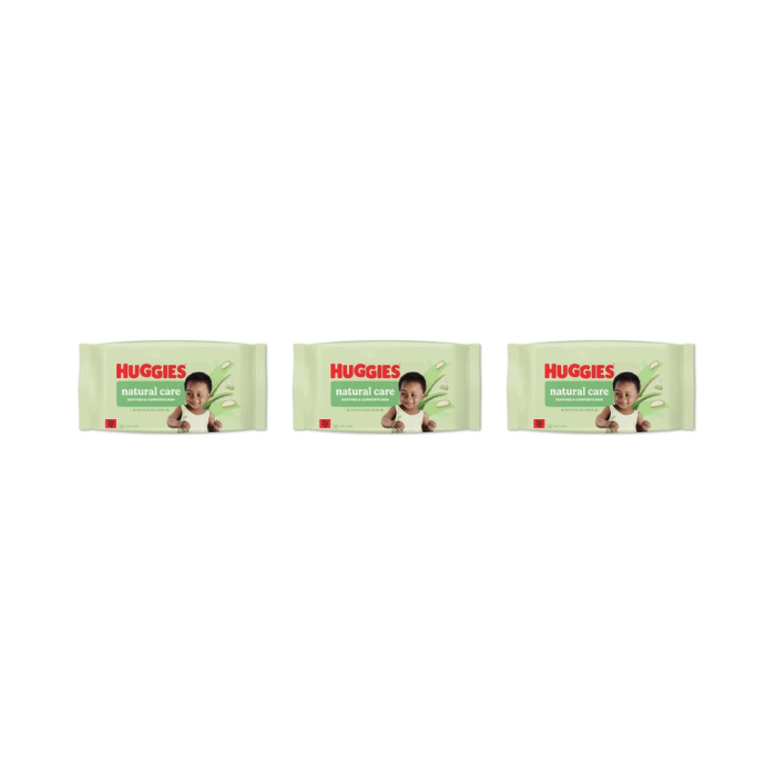 Huggies Natural Care Baby Wipes pack of 48 on a clean nursery changing table
