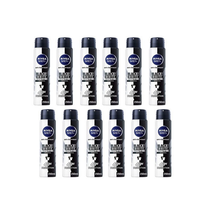 Nivea Men Anti-Perspirant Deodorant Black & White Invisible Original 250ml - Pack of 12