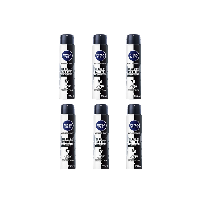 Nivea Men Anti-Perspirant Deodorant Black & White Invisible Original 250ml - Pack of 6