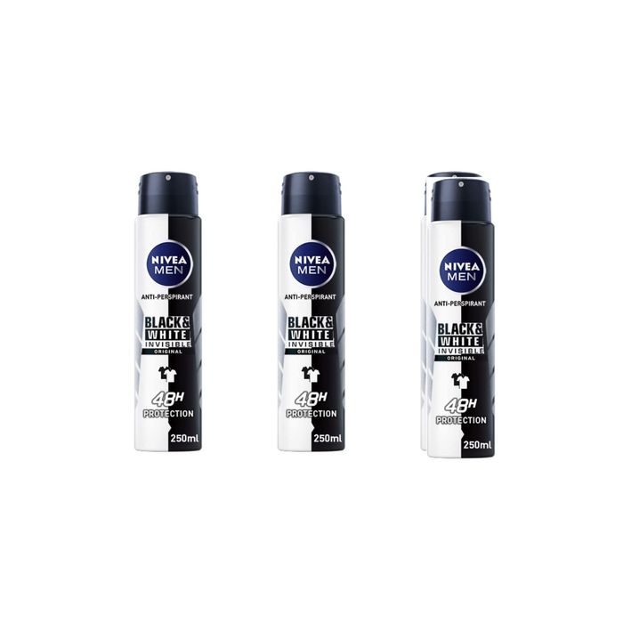 Nivea Men Anti-Perspirant Deodorant Black & White Invisible Original 250ml - Pack of 3