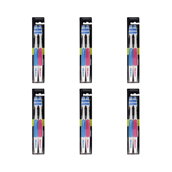Listerine Duo Reach Interdental Firm Toothbrush Twin Pack on a clean bathroom shelf
