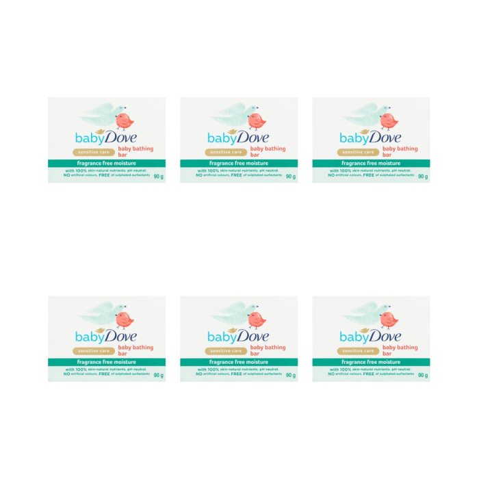 Dove Sensitive Care Baby Bar Soap Fragrance Free 4 x 90g bars on a bathroom shelf
