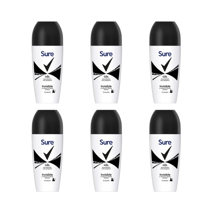 Sure Roll On Anti Perspirant Invisible Pure For Women 48 Hour 50ml - Pack of 6