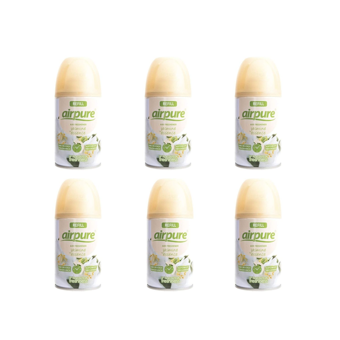 Airpure Auto Air Freshener Refill Jasmine Essence 250ml can on a living room shelf
