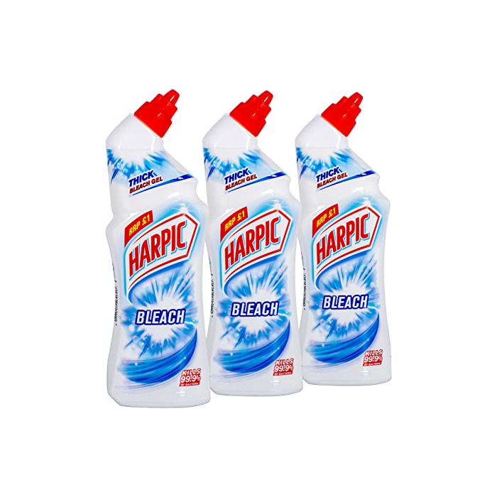 Harpic White & Shine Original Toilet Cleaner Bleach 750ml bottle on a bathroom shelf
