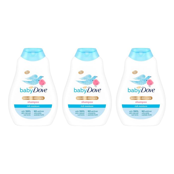 Baby Dove Rich Moisture Baby Shampoo 400ml bottle on a clean bathroom shelf
