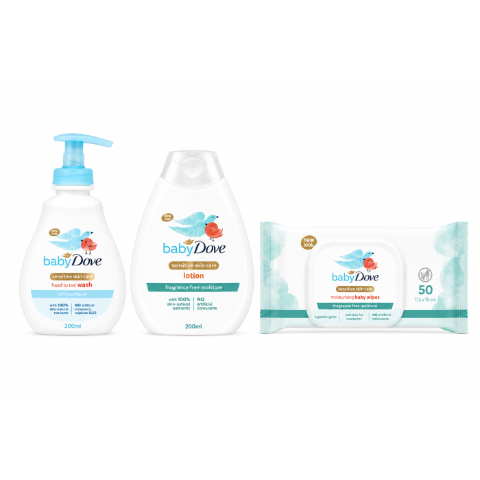 Dove Baby Sensitive Skin Care Bundle – Head to Toe Wash 200ml, Moisturising Wipes 50 Pack & Fragrance Free Lotion 200ml