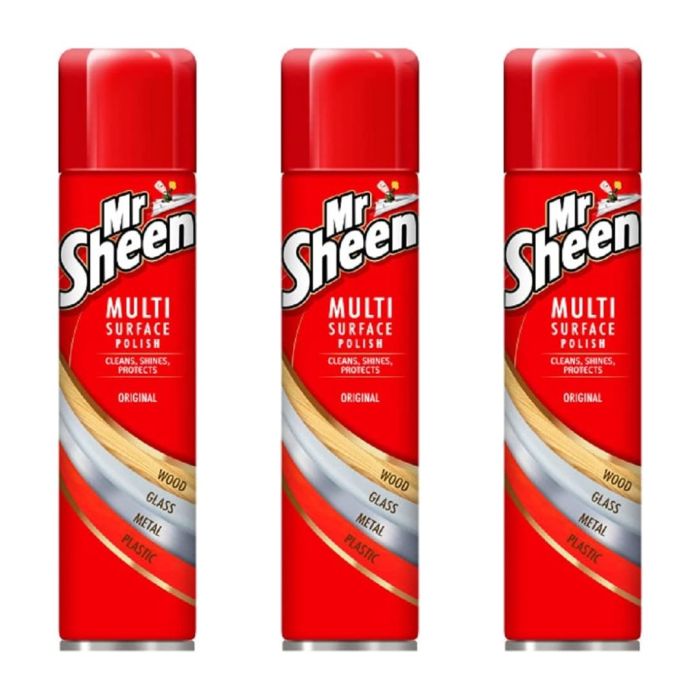 Mr Sheen Multi Surface Polish Original 250ml spray bottle on a wooden surface
