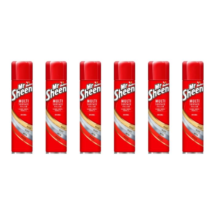 Mr Sheen Multi Surface Polish Original 250ml spray bottle on a wooden surface
