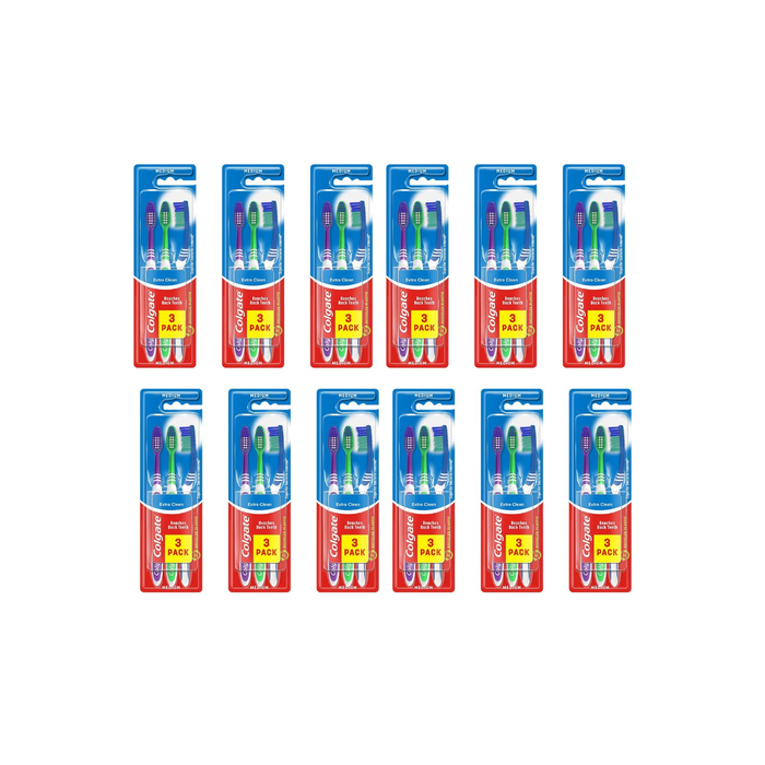Colgate Extra Clean 3-Pack Toothbrush with Back Teeth Reach - Pack of 12