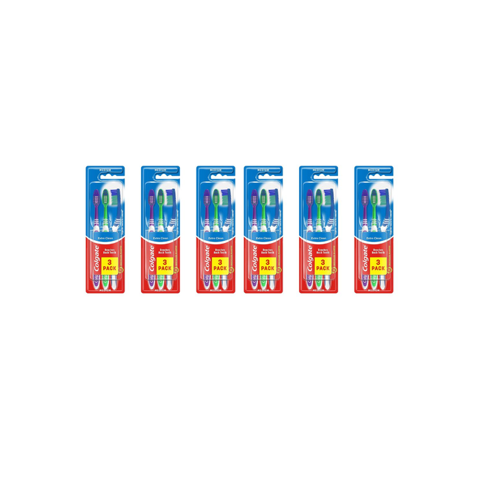 Colgate Extra Clean 3-Pack Toothbrush with Back Teeth Reach - Pack of 6