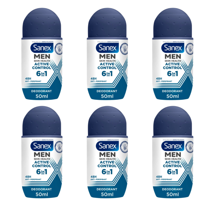 Sanex Men Active Control Antiperspirant Deodorant Roll On 50 ML - Pack of 6