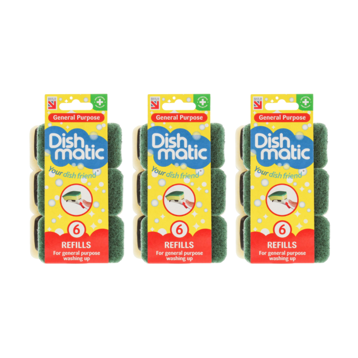 Dishmatic Green General Purpose Washing Up Sponge Refill Heads (6 Pack) - Pack of 3
