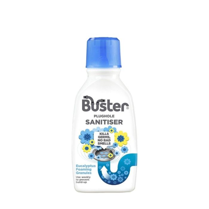 Buster Plughole Sanitiser Eucalyptus Drain Cleaner 300g tub on a bathroom shelf
