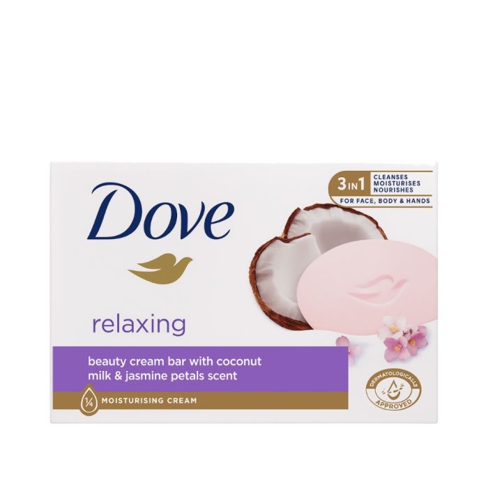 Dove Coconut and Jasmine Petals Moisturizing Soap Bar 4 × 90g multipack on white background
