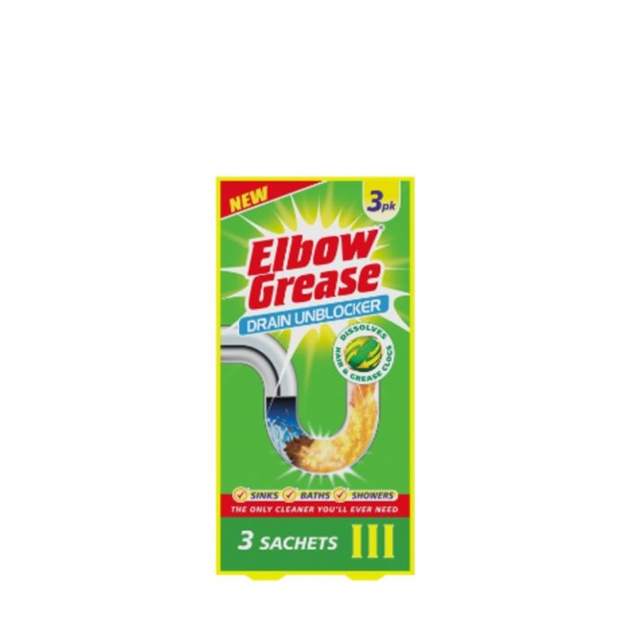 Elbow Grease Drain Unblocker Sachets 3 x 25g pack on a bathroom shelf
