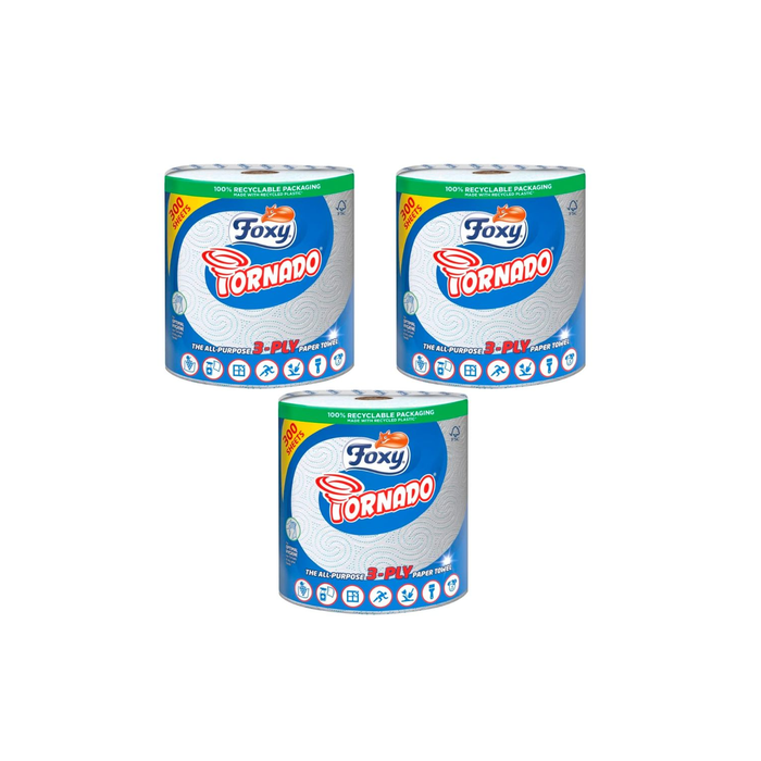 Foxy Tornado Kitchen Roll 3ply 300 Sheet - Pack of 3
