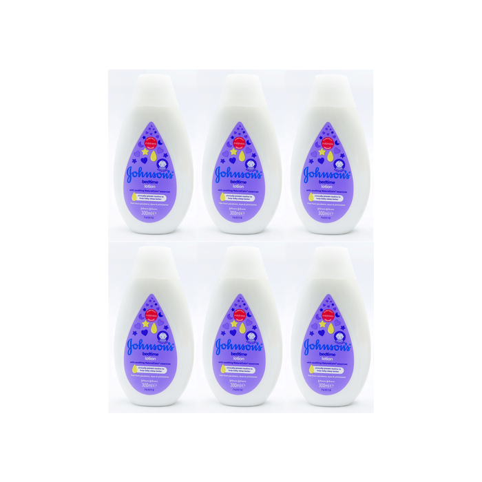 Johnson's Baby Bedtime Lotion 300ml bottle on a nursery shelf beside baby bath products
