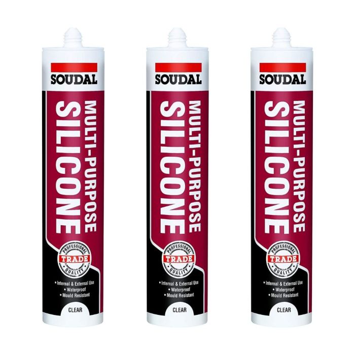 Soudal Multi Purpose Clear Silicone Sealant 270ml cartridge on a workbench

