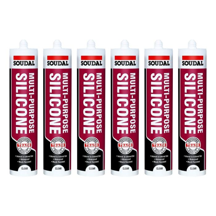 Soudal Multi Purpose Clear Silicone Sealant 270ml cartridge on a workbench
