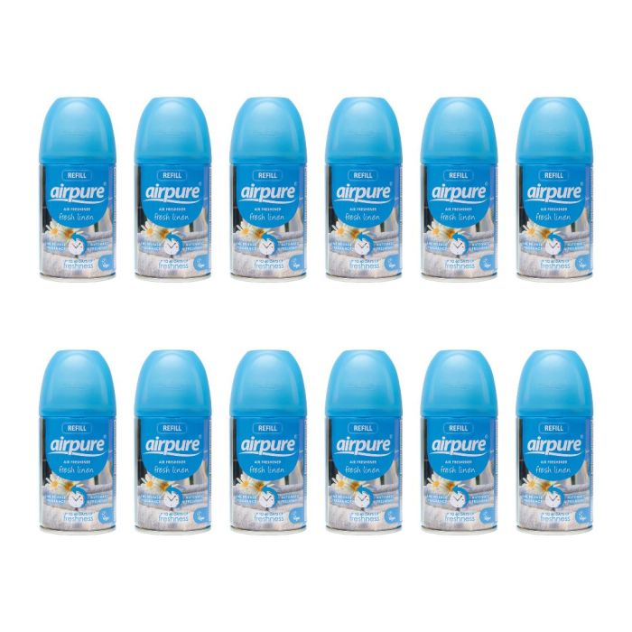 Airpure Automatic Air Freshener Refill Fresh Linen 250ml can on a living room shelf
