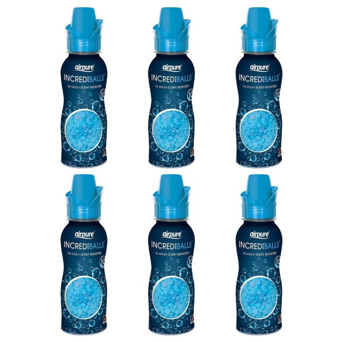 Airpure Incrediballs In-Wash Scent Booster Linen container for 10 washes on a laundry shelf
