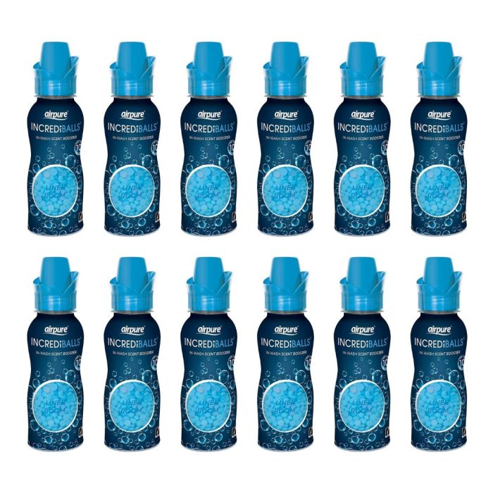 Airpure Incrediballs In-Wash Scent Booster Linen container for 10 washes on a laundry shelf
