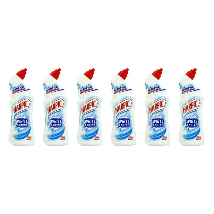 Harpic White & Shine Original Toilet Cleaner Bleach 750ml bottle on a bathroom shelf
