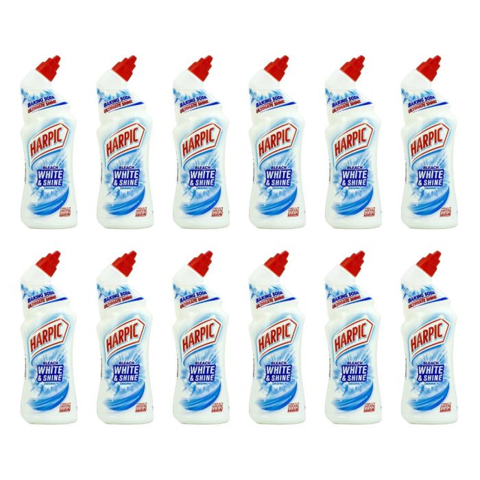 Harpic White & Shine Original Toilet Cleaner Bleach 750ml bottle on a bathroom shelf
