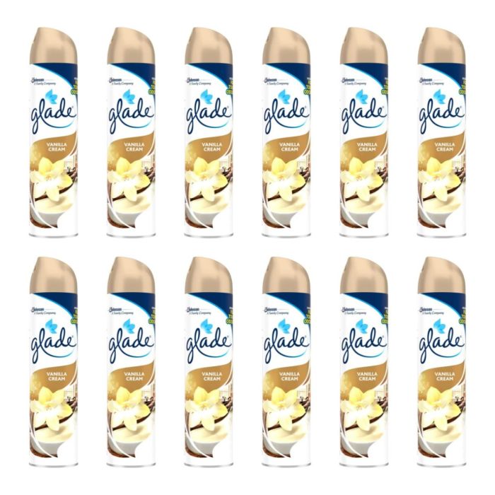 Glade Vanilla Air Freshener Spray 300ml aerosol can on a clean shelf
