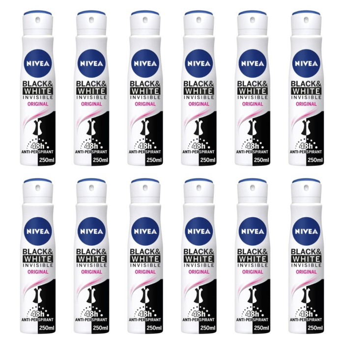 Nivea Women's Anti-Perspirant Invisible for Black and White 250ml - Pack of 12