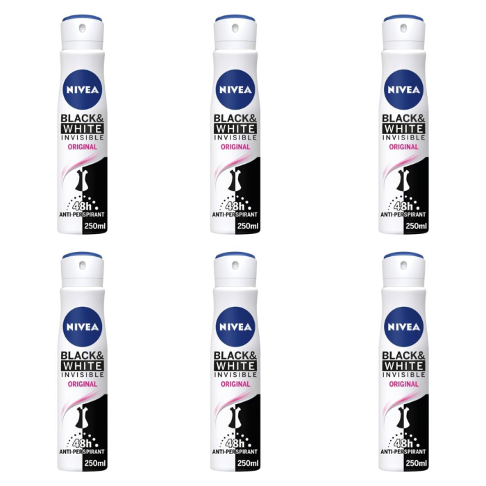 Nivea Women's Anti-Perspirant Invisible for Black and White 250ml - Pack of 6