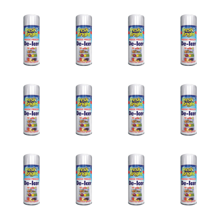 Fresh & Bright Fridge Freezer Anti-Bacterial De Icer Spray 200ml bottle on a kitchen counter
