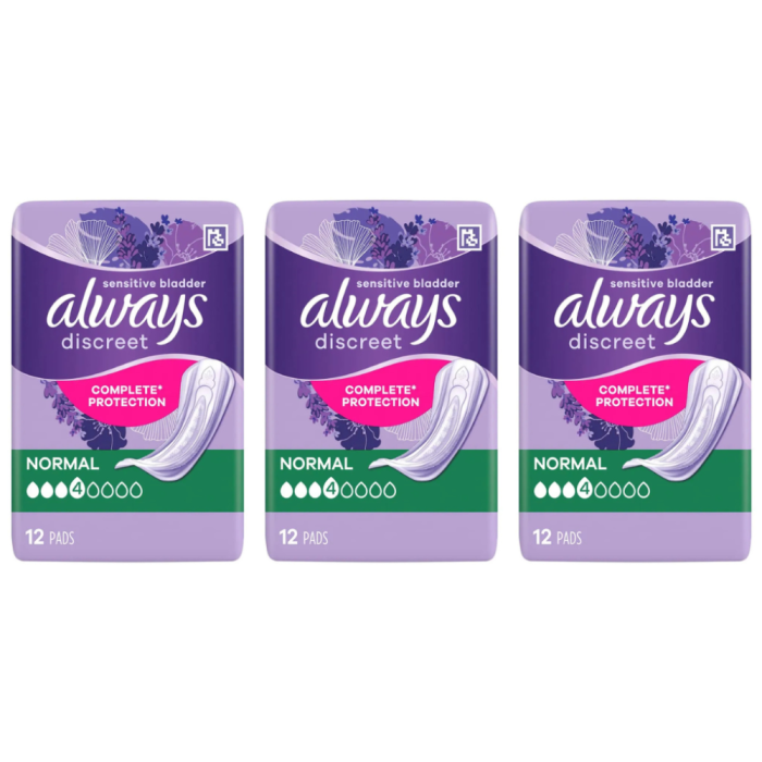 Always Discreet Sensitive Bladder Pads Normal Complete Protection 12 Pads - Size 4 - Pack of 3